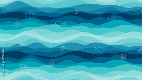 Vibrant ocean waves with sea creatures in shades of blue