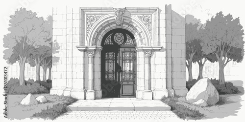 Ornate stone entrance with arched doorway in detailed illustration with grayscale tones on textured paper for architectural design