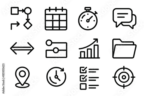 Labor Day Icons. Labor Day Operations Icons in outline black lines style. process map, scheduling grid, task timer, communication bubble, coordination arrow, workflow lane,