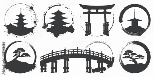 Japanese Landmarks Silhouettes in Minimalist Monochrome Design with Circular Frames for Cultural Heritage