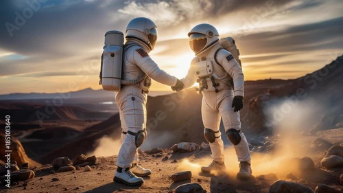 Two Astronauts Shaking Hands on an Alien Planet at Sunset