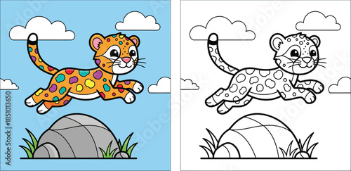 Cute Cartoon Leopard Cub with Colorful Rainbow Spots Jumping over a Rock under Blue Sky