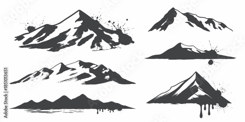 Mountain Silhouettes Grunge Black Ink Splatter Isolated on White for Graphic Design