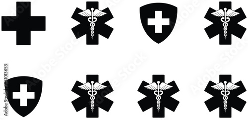 Black pixel medical symbol icon set, cross, shield, Star of Life with Rod of Asclepius, vector illustration for healthcare and emergency design