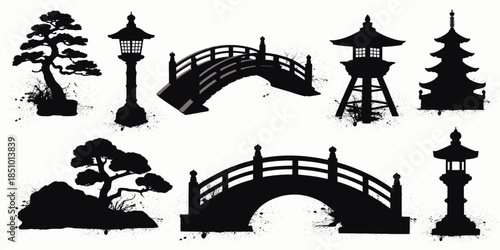 Japanese landscape elements in minimalist silhouette style with black color on white background for cultural design