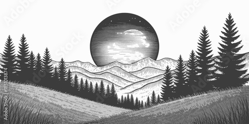 Moonlit forest landscape in mystical atmosphere with dramatic black and white contrast in illustration style for outdoor adventure