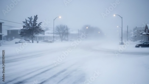 A severe winter storm blankets a residential street in a thick layer of snow, with strong winds creating a whiteout and low visibility conditions