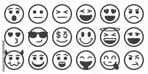 Emoji Set Collection Simple Black Icons on White Background for Graphic Design