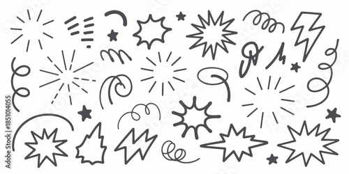 Comic Book Explosion Elements in Hand Drawn Style with Black Ink on White Background for Graphic Design