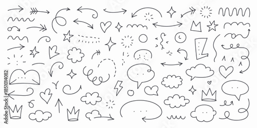 Hand Drawn Doodle Elements in Simple Line Art Style with Monochromatic Color Scheme on White Background for Graphic Design