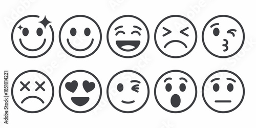 Set of diverse emoticon faces in simple black and white design for digital communication and social media
