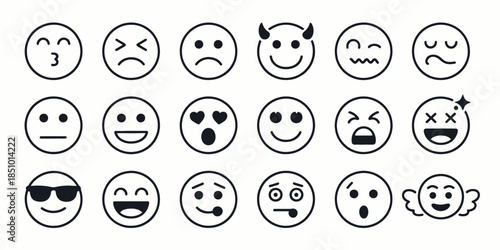 Emoticon Set in Simple Line Art Style with Black and White Color Scheme on White Background for Digital Design
