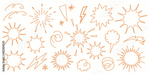 Hand-drawn sun and star symbols in orange minimalist style on white background for graphic design