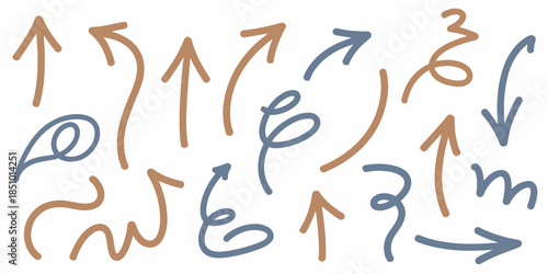 Handwritten Arrows in Various Directions with Blue and Orange Ink on White Background for Graphic Design