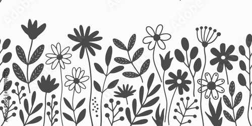 Floral Silhouettes Simple Monochrome Illustration on White Background for Graphic Design