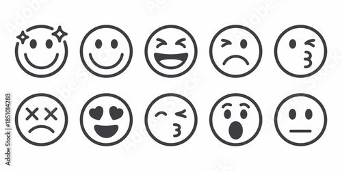 Set of diverse emoticon faces in simple black line art on white background for digital communication