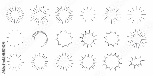 Sunburst Icons Set in Simple Line Art Style with Gray Color on White Background for Graphic Design