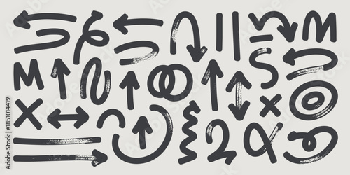 Hand-Drawn Arrows and Symbols in Grunge Style with Black Ink on White Background for Graphic Design