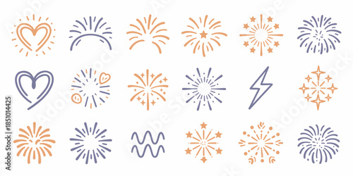 Hand-Drawn Embellishments in Simple Style with Blue and Orange Colors on White Background for Graphic Design