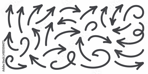 Hand Drawn Arrows Collection in Abstract Curved Shapes with Black Ink on White Background for Graphic Design