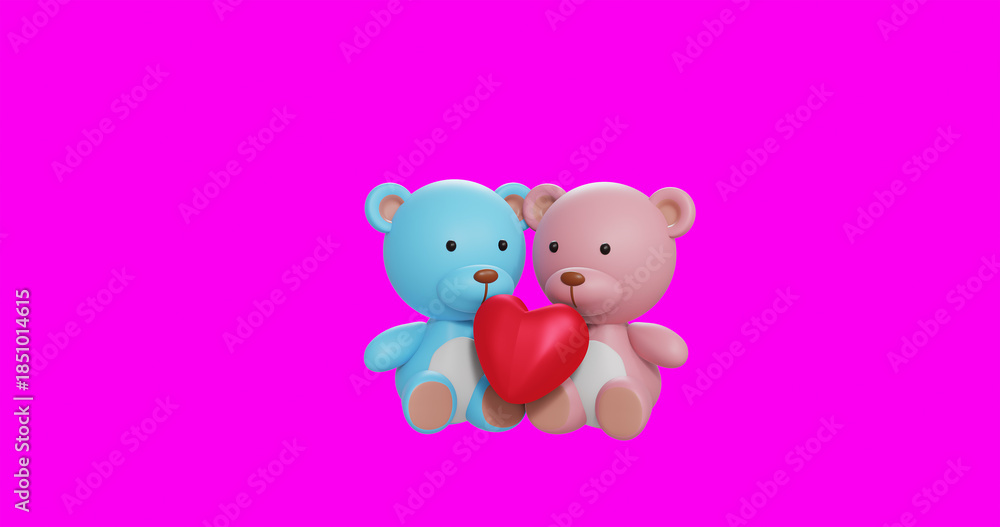 Obraz premium Valentine concept, two bears with heart on pink monochrome. 3d render illustration. 