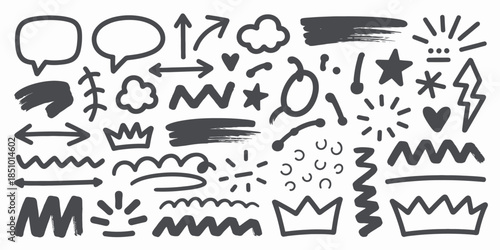 Hand Drawn Doodle Elements Set in Monochrome Black and White with Various Shapes and Symbols for Graphic Design