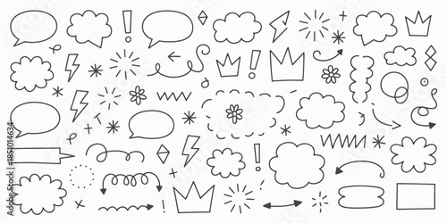 Comic Book Elements Set in Simple Line Art Style with Black and White Color Scheme on White Background for Graphic Design