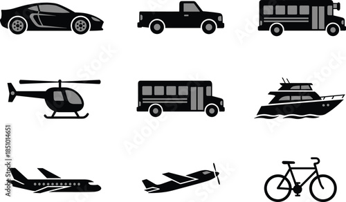 Black silhouette icons of transportation vehicles, including land, air, and water types, arranged in grid format for educational, design, and vector use