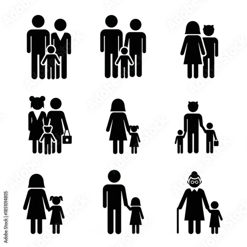 Black silhouette family icons with various relationships and age groups