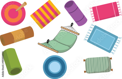 Camping and outdoor rug illustration set with mats pillows hammocks and blankets, colorful flat vector collection isolated on white