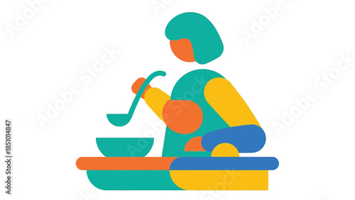 Person preparing food with ladle and bowl.