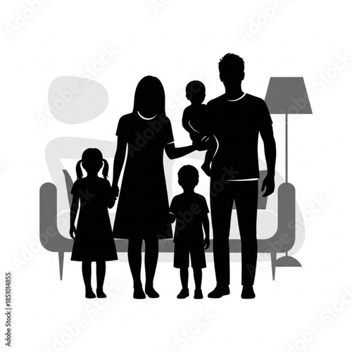 Silhouette of a family with two children standing in front of a couch
