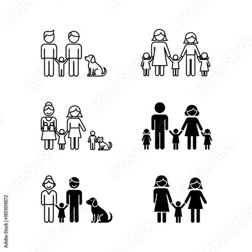 Black and white line art illustrations of various family units with children and pets