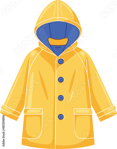 Bright Yellow Hooded Raincoat with Blue Lining, Buttons, Pockets, Waterproof Glossy Finish, Functional Outerwear for Rainy Weather Protection