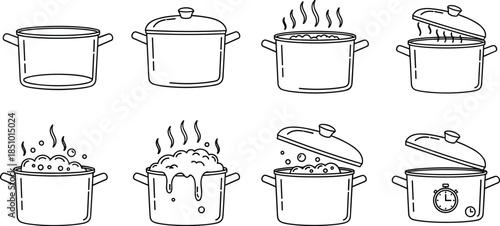 Illustrated Sequence of Cooking Pots Showing Empty, Covered, Boiling, Steaming, Overflowing, Timed, and Ladle-Stirring Stages