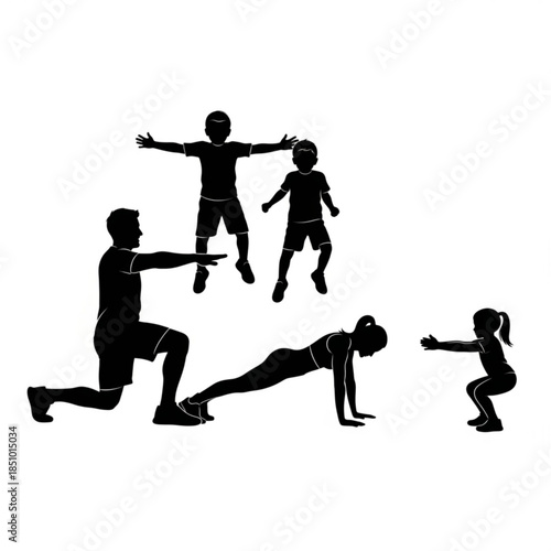 Black silhouettes of people exercising in various fitness poses