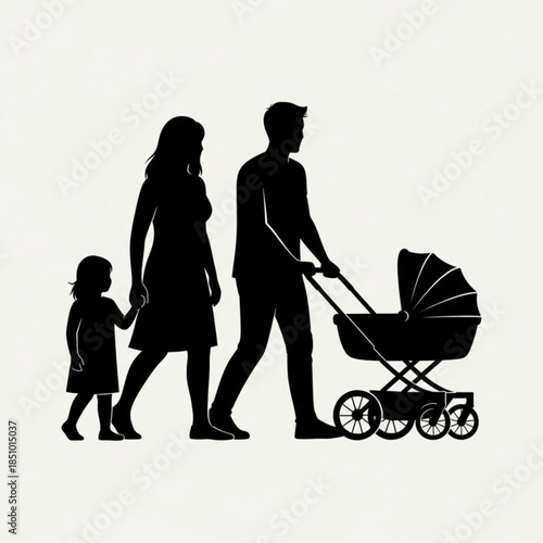 Silhouette of a family with a baby stroller and little child walking together