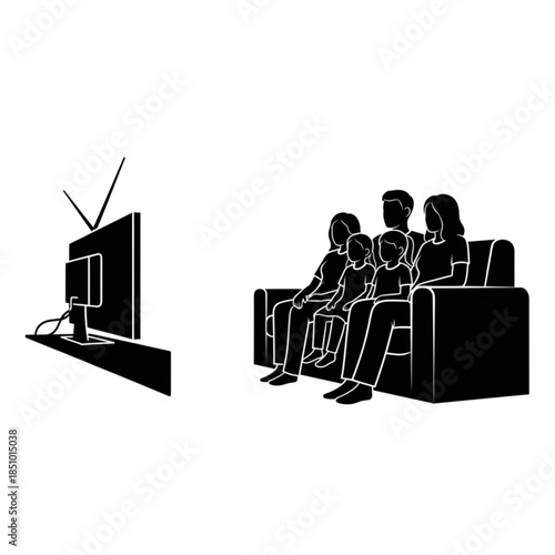 Family watching tv together on a couch in a black silhouette