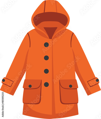 Stylized Orange Hooded Coat Illustration with Black Buttons, Front Pockets, Sleeve Straps, Lined Hood, Flared Bottom, Functional Outerwear Design