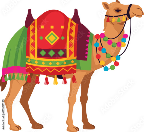 Stylized Camel Illustration with Colorful Saddle Blanket, Tassels, Beaded Neck Decorations, Ornate Bridle, Cultural Festival and Heritage Design