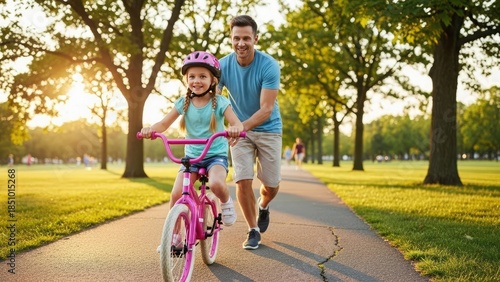 A happy father teaches his young daughter to ride a pink bicycle in a sunny park.
