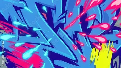 Vibrant Graffiti Art with Bold Blue Letters and Splashes of Color.