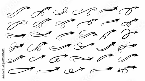 Collection of elegant black swirling arrow graphics and icons