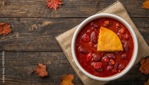 Autumnal Still Life with Crimson Stew and Golden Bread on Rustic Wooden Surface.