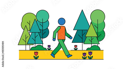 Person walking in a park with trees and flowers.