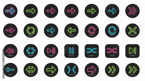 Neon arrow icons for navigation and media control buttons