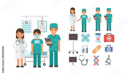Medical staff team and healthcare equipment icon set