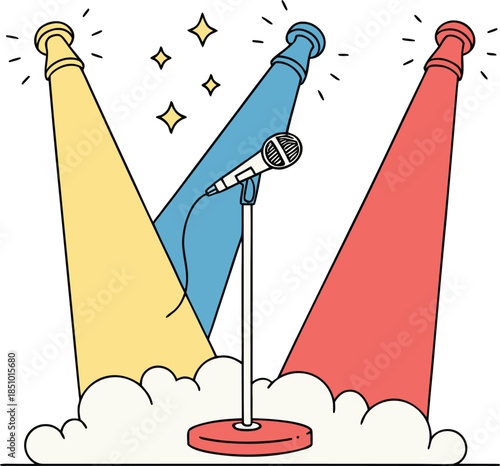 Vibrant stage spotlight shines on microphone stand with colorful beams