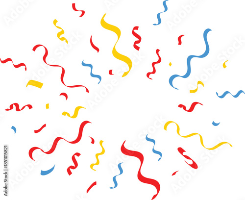 Confetti explosion of red, yellow, and blue ribbons