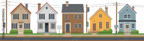 Colorful suburban row houses on a quiet street illustration vector